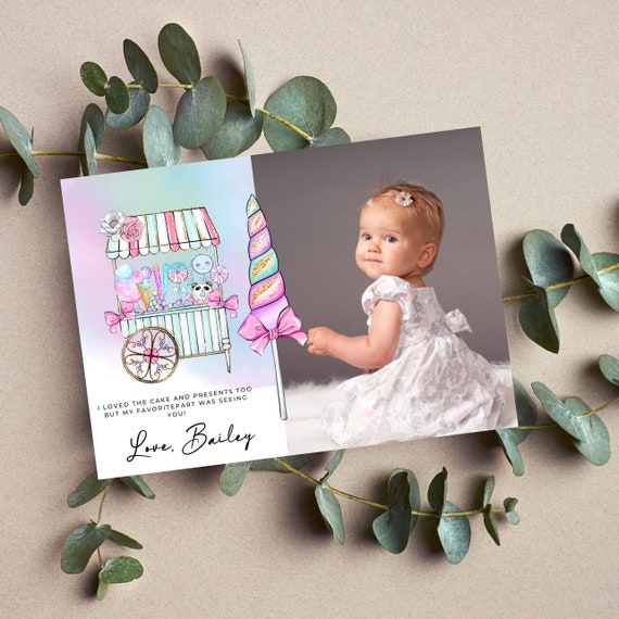 Sweet One Birthday Thank You card, Candy Any Age Birthday Photo Thank You Cards, Cotton Candy, Editable Template, Sweets Party, #SOB