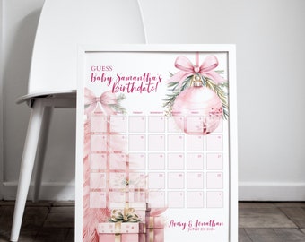 May include: Pink and gold Christmas-themed baby shower game with a calendar to guess the baby's birthdate. The text reads "Guess Baby Samantha's Birthdate!" and "Avery & Jonathan June 23, 2023".