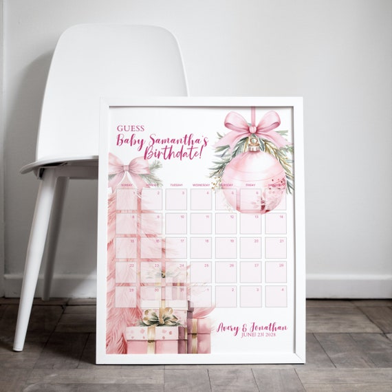 Pink Christmas Tree Baby Shower Due Date Calendar Template, Guess the Arrival Date Sign, Pink Holiday Due Date, Editable Birth Date Sign
