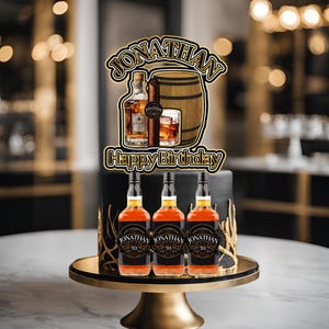 Personalized Whiskey and Cigar Cake Topper, Custom Milestone Birthday Cake Decor, Whiskey Bottle & Cigar Band Design, Men&#39;s Birthday Party