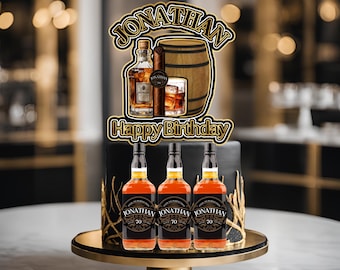 Personalized Whiskey and Cigar Cake Topper, Custom Milestone Birthday Cake Decor, Whiskey Bottle & Cigar Band Design, Men's Birthday Party
