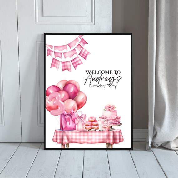 Customizable Pink Birthday Welcome Sign - Personalized Baby Shower Party Poster Template, Pink Theme for Any Age, Unique, Custom Decor