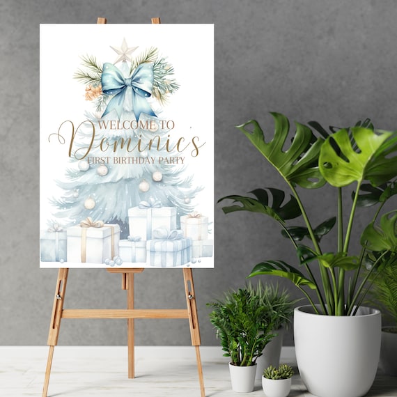 Blue Christmas Tree Birthday Welcome Sign, Editable Birthday Party Banner, Holiday Theme Party Signs, Blue Tree Boy Decor Template