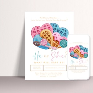 Invitación de revelación de género de Sweet Waffle - Anuncio personalizado de niño o niña, fiesta temática de desayuno, - Fiesta de revelación de género de Waffle Love