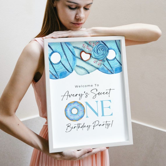 Sweet One Blue Donut Birthday Welcome Sign - Editable Any Age Party Template, Baby Girl's First Birthday Party Printable, Instant Download