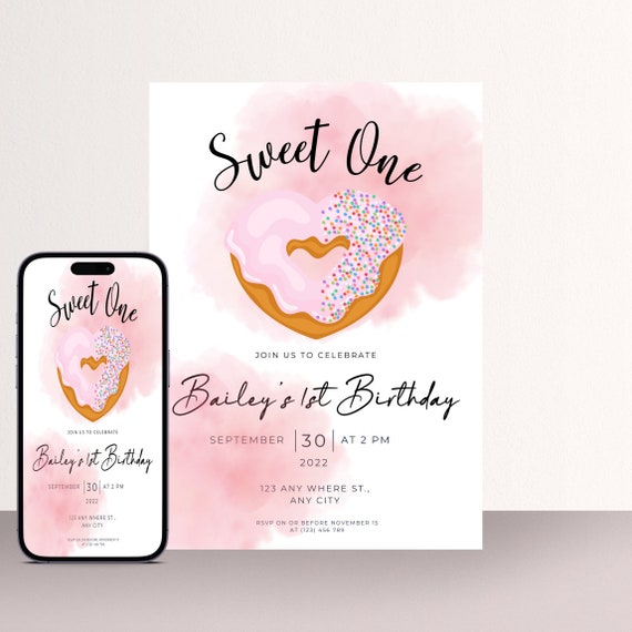Sweet One Birthday Donut Invitation, Pink Girls 1st Birthday Party, Heart Shaped Donut Invitation, Candy First Birthday Party, #DBH