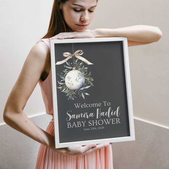 Neutral Christmas Ornament Baby Shower Welcome Sign Template, Editable Baby Shower Banner, Christmas Neutral Theme Baby Shower Printable