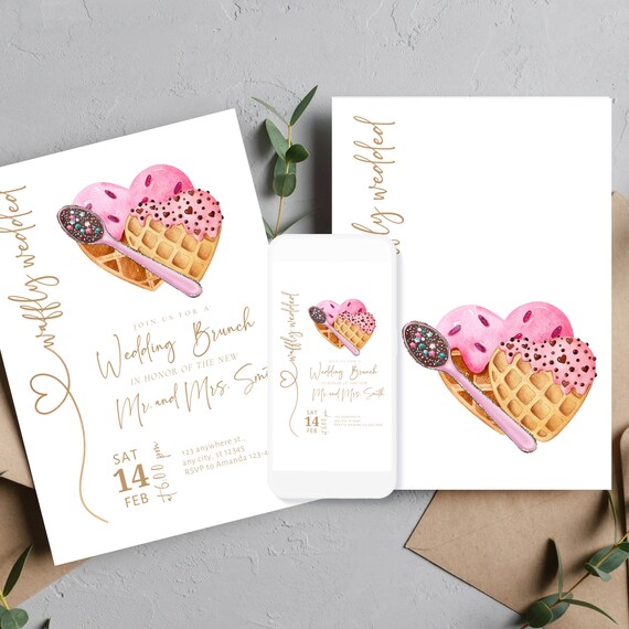Editable Waffle Wedding Invitation Template | Valentine Brunch Printable Invite | Celebrate Newlyweds with Breakfast Waffle Invitations