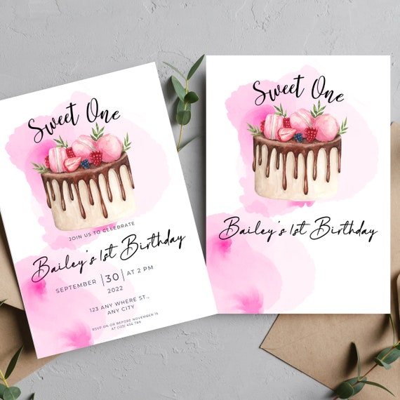 Sweet One Birthday Cake Invitation, Pink Party Printable Invitations, 1st Bday Template, Cake Bday Invite, Instant Download #SBC