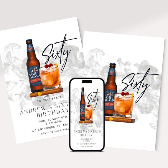 Adult Whiskey and Cigar Birthday Invitation, Editable Any Age Men's Birthday Invite, Printable Bday Invitations, #AWC