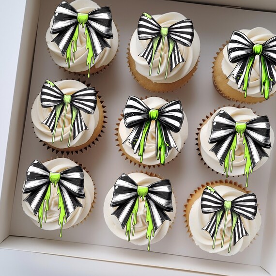 Black and White Stripe Bow Cupcake Topper, Green Slime Bow Cake Topper, Halloween Party Cupcake Decor, Striped & Slime Birthday Topper