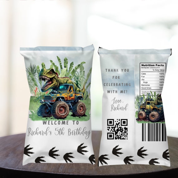 T Rex Dinosaur Monster Truck Chip Bag Label, Birthday Party Chip Bags, Printable T Rex, Dinosaur Birthday Labels, Instant Download