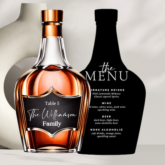 Custom 3D Whiskey Menu & Table Number Set | Unique Handcrafted Bourbon Cocktail Menu for Birthday, Bachelor Party | Whiskey Bottle Shaped