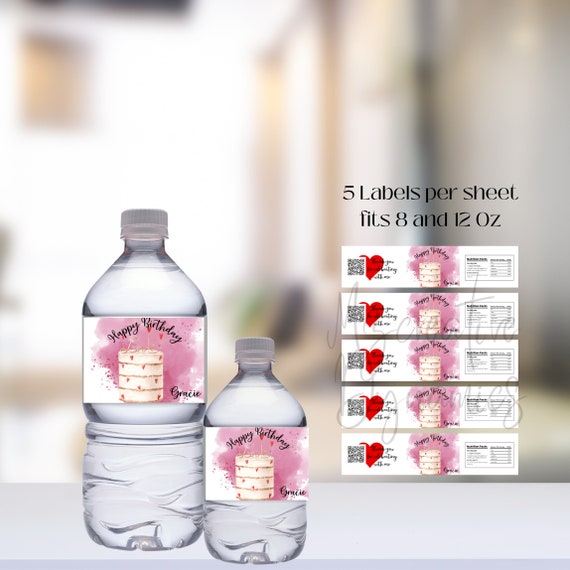 Valentine Birthday Water Bottle Labels, Printable Heart and Cake Party Favor Label, Editable Sticker Favors, Print and Digital, #Val