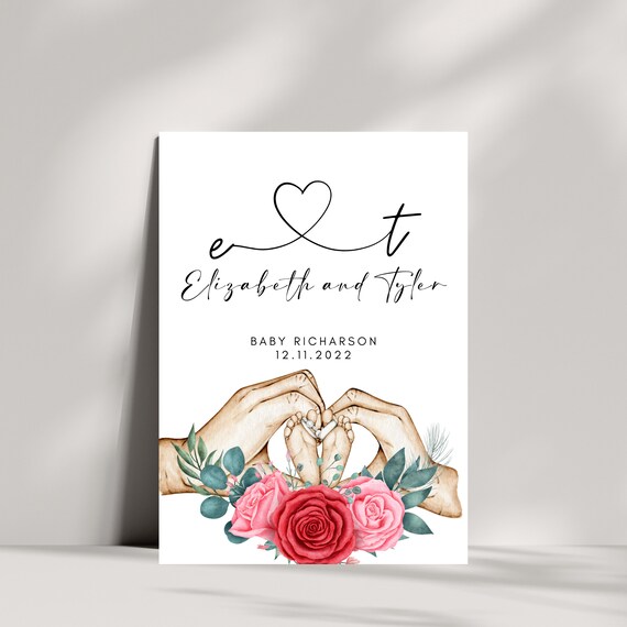 Editable Pink & Red Rose Baby Shower Welcome Sign Template - Custom Banner for Parents-To-Be, Instant Download Baby Feet and Parent Hands