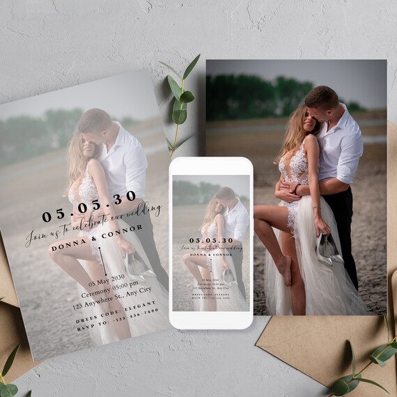 Contemporary Minimalist Save the Date Invitation Template with Editable Photo, Printable Wedding Date Announcement Card, Print and Digital