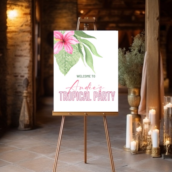 Editable Tropical Pink Floral Welcome Sign Template - Bridal Shower, Baby Showers, Birthdays Pink Hibiscus Party Signage, Instant Download