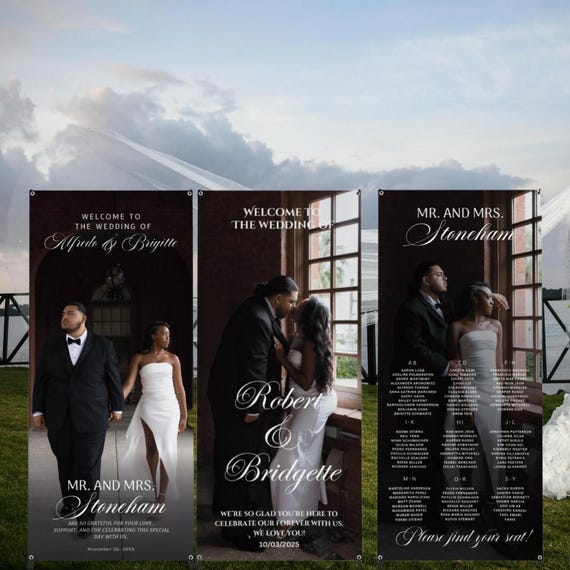 Wedding Photo Banner with Stand – Custom Guest List Table Sign, Reception Display, Welcome Banner, Seating Chart Sign, Wedding Decor