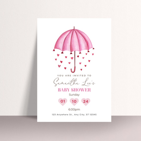 Pink Umbrella Baby Shower Invitation Template - Girl Baby Shower Printable - Customizable DIY Party Invites - Trendy Baby Shower Decor