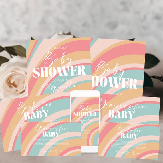 Retro Groovy 70's Baby Shower Invitation Suite - Editable Template Hippie Vibes, Printable Pastel Vibe with Books for Baby, Diaper Raffle