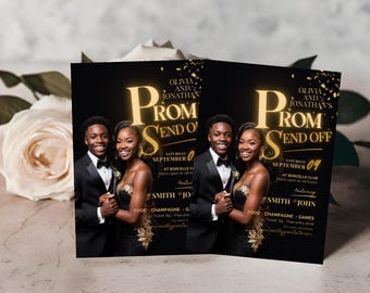Custom Photo Prom Send-Off Invitation | Black & Gold Modern Template | Editable Instant Download | Prom Party Invite Design