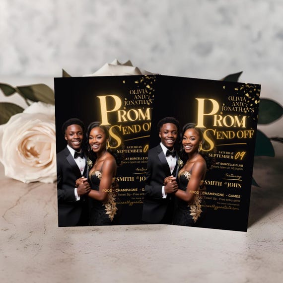 Custom Photo Prom Send-Off Invitation | Black & Gold Modern Template | Editable Instant Download | Prom Party Invite Design