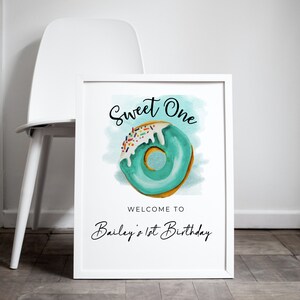 Sweet One Birthday Welcome Sign, Turquoise 1st Birthday Party Signs, Donut Bday Banner, She’s a Sweet One, Instant Download #DBT
