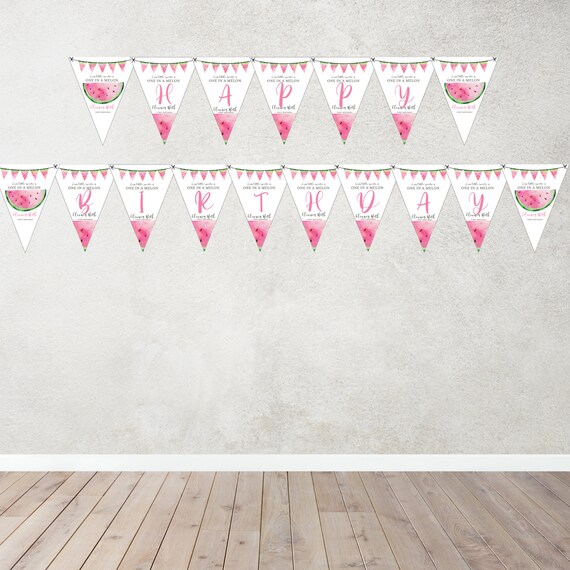 Watermelon Birthday Triangle Banner, Watermelon Bday Bunting Banners, One in a Melon Printable Banner, Print and Digital, #LDYB