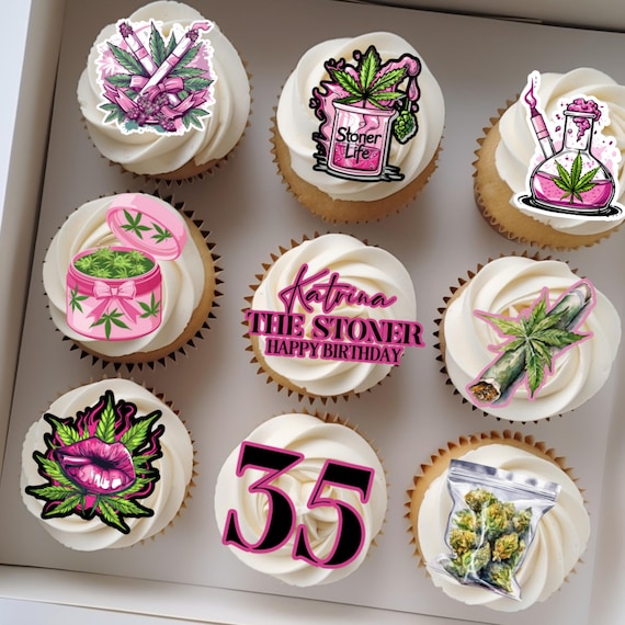 Personalized Cannabis Birthday Cake Topper | Custom Name and Age 420 Party Decor | Pink Marijuana Leaf & Blunt Weed Cupcake Stoner Theme