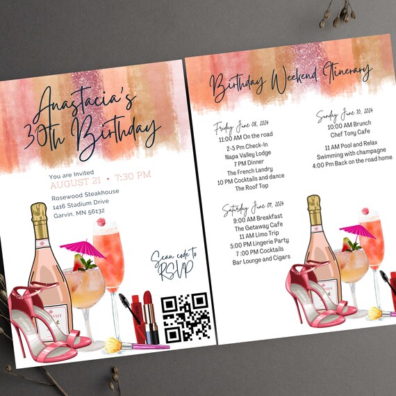 Ladies Weekend Birthday Getaway QR Code Invitation, Weekend Birthday Itinerary, Girls Night Out Bday Invitations, Instant Download #GWO