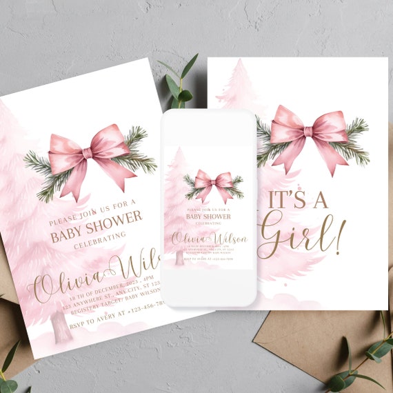 Pink Christmas Tree Baby shower Invitation, Winter Girl Baby Shower Invitations, Winter Pink Digital Baby Shower, Instant Download