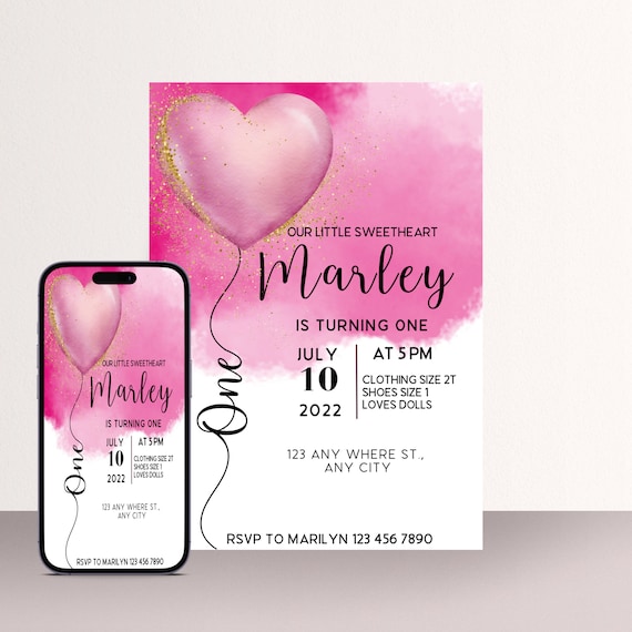Valentine Hot Pink Heart Birthday Invitation, First Birthday Invite, Watercolor Heart Balloon, Instant Download #HBHP
