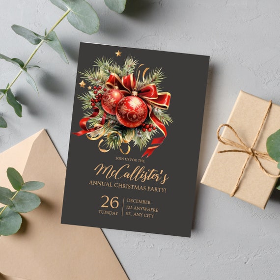 Annual Christmas Party Invitation Template, Holiday Christmas Celebration Invite, Printable Winter Xmas Invitations, Instant Download