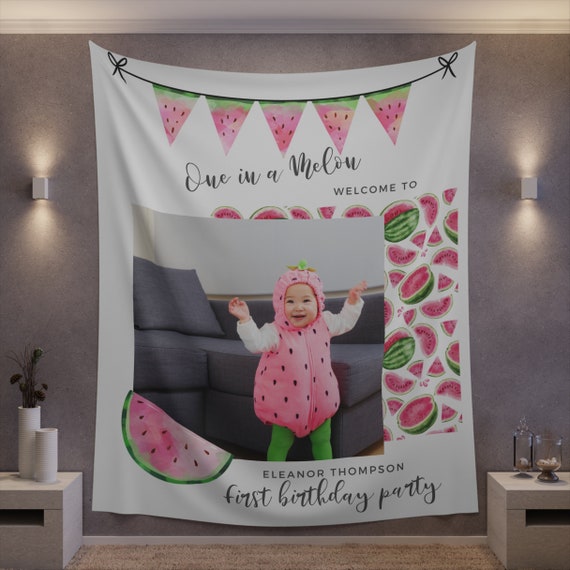 Watermelon Birthday Photo Welcome Sign, Pink Watermelon Party Banner, One in a Melon Welcome Tapestry, Print and Digital #MBP