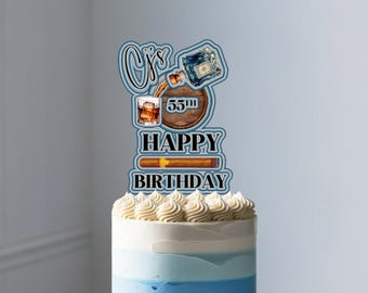 Custom Whiskey & Cigar 3D Cake Topper - Personalized Bourbon Birthday Decor - Any Age Men's Birthday Party Cake Decoration