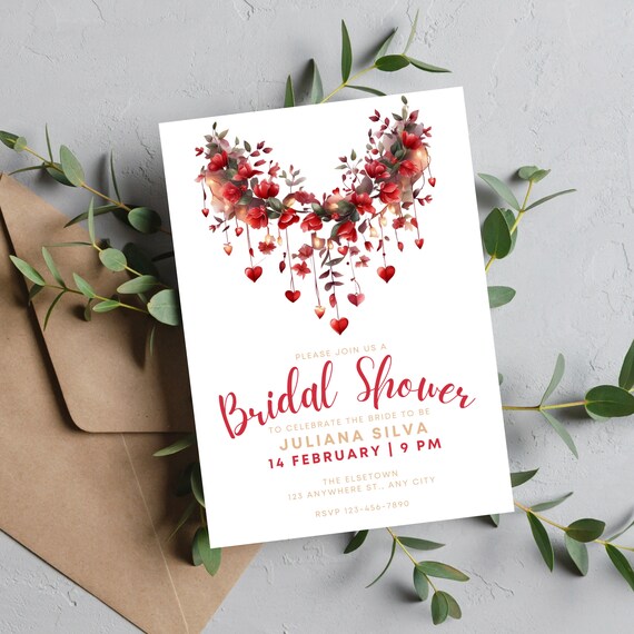 Valentine Bridal Shower Invitation Template, Red and Gold Floral Hearts Bridal Shower Invite, Editable Bride to be Shower, Instant Download