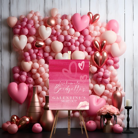 Printable Galentine's Day Welcome Sign Template with Hearts and Lips Decorations - Hot Pink Custom Banner for a Trendy Galentine's Day Party