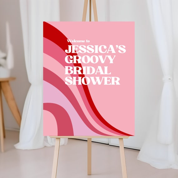 Editable Pink Retro Bridal Shower Welcome Sign Template, Groovy 70's Themed Bridal Party, Hippie-Chic Party, Funky Vibes and Retro Flair