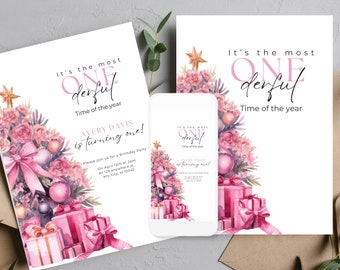 May include: Pink and white printable birthday invitation with a watercolor illustration of a Christmas tree decorated with pink ornaments and presents. The text reads "It's the most one-derful time of the year" and "Avery Davis is turning one!"
