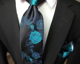 Black Teal Floral Silk Tie Pocket Square Cufflink Set