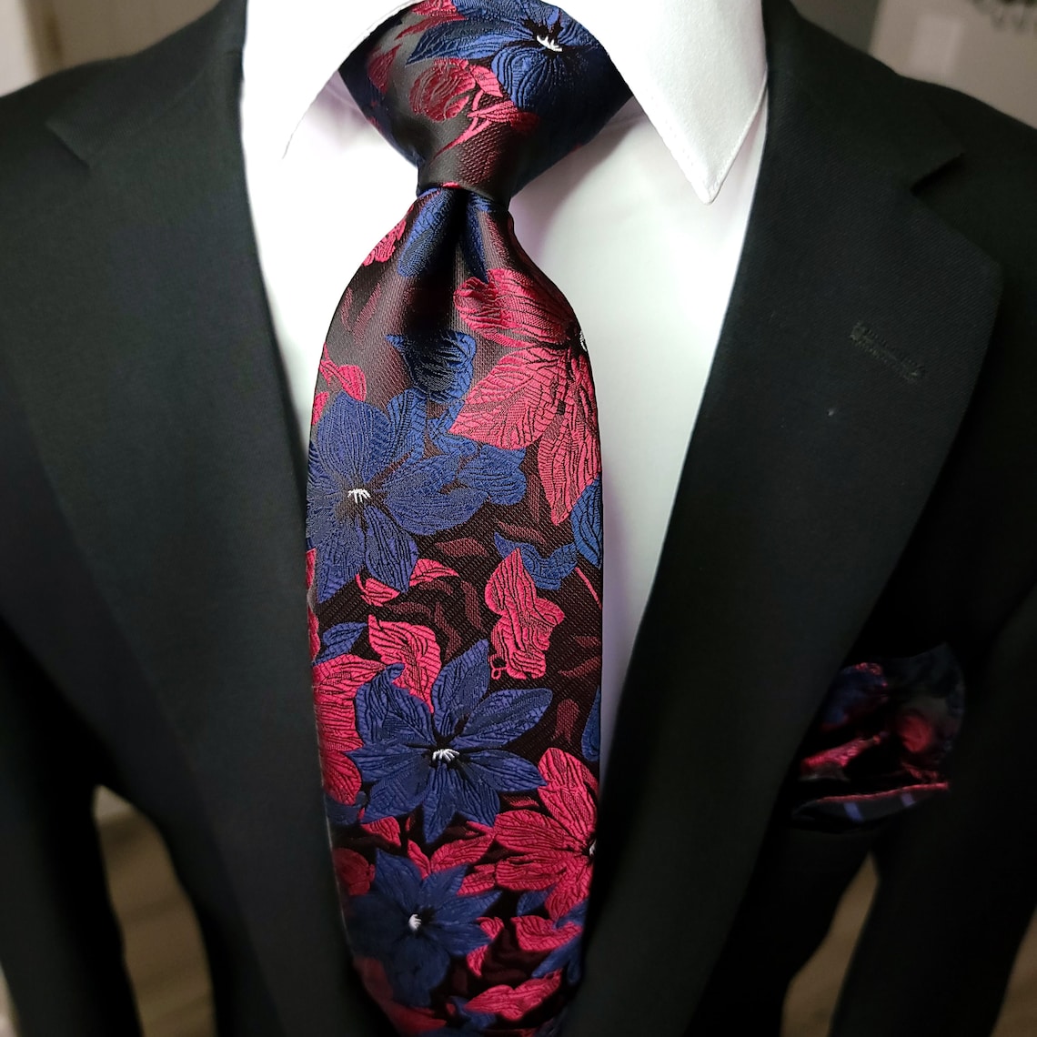 Red Blue Floral Silk Tie Pocket Square Cufflinks Set image 1