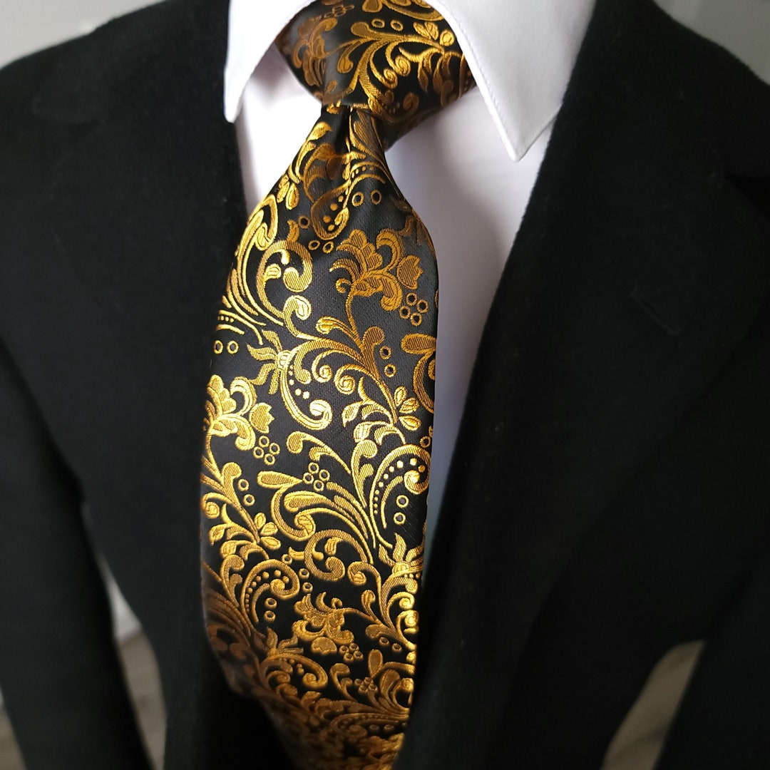 Black Gold Floral Silk Tie Pocket Square Cufflink Set Etsy