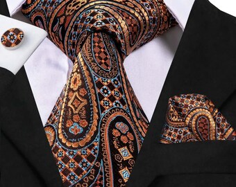 Luxury Burnt Orange Paisley Silk Tie Pocket Square Cufflink Set