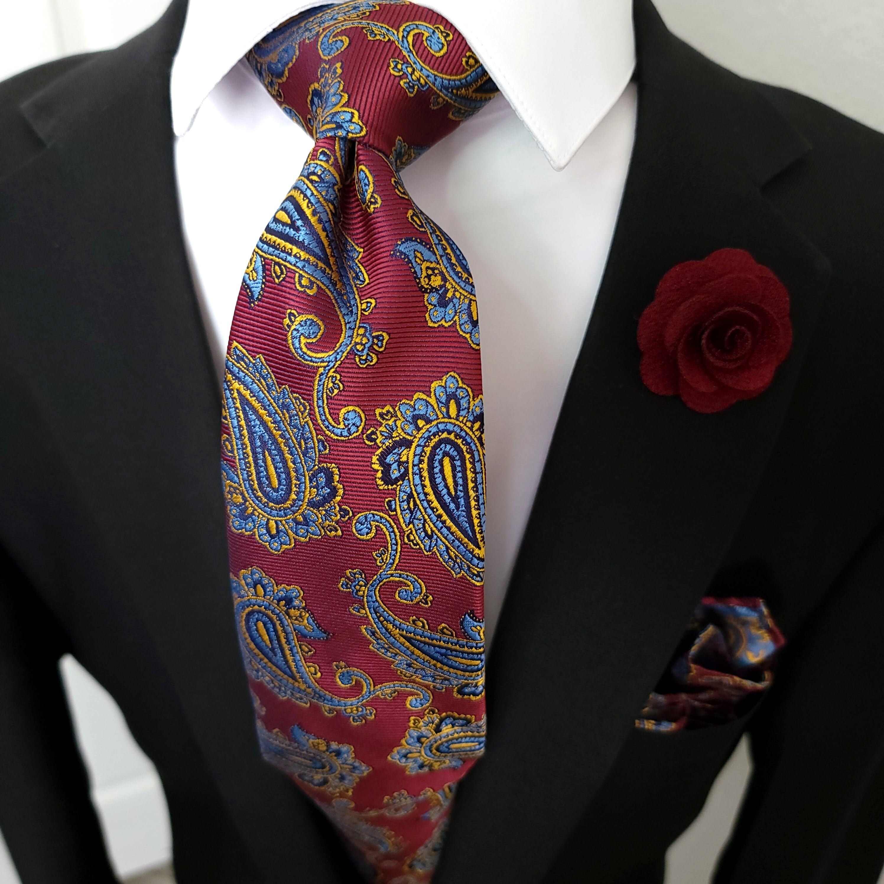 Burgundy Blue Paisley Silk Tie Pocket Square Cufflink Set - Etsy