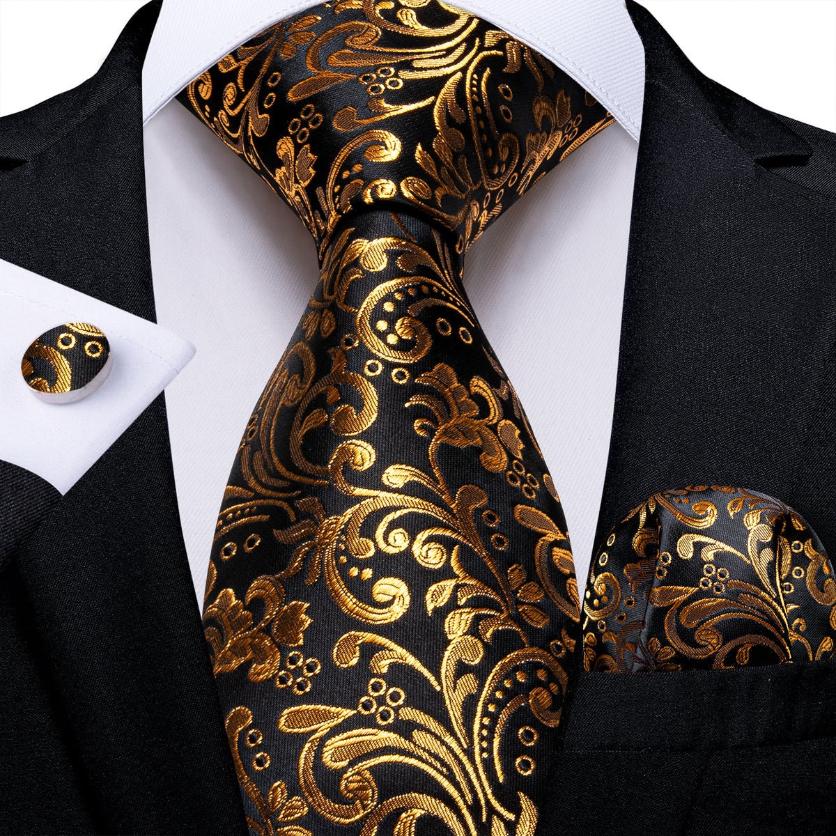 Black Gold Floral Silk Tie Pocket Square Cufflink Set - Etsy