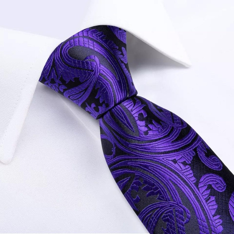 Black Purple Paisley Silk Tie Pocket Square Cufflink Set Etsy