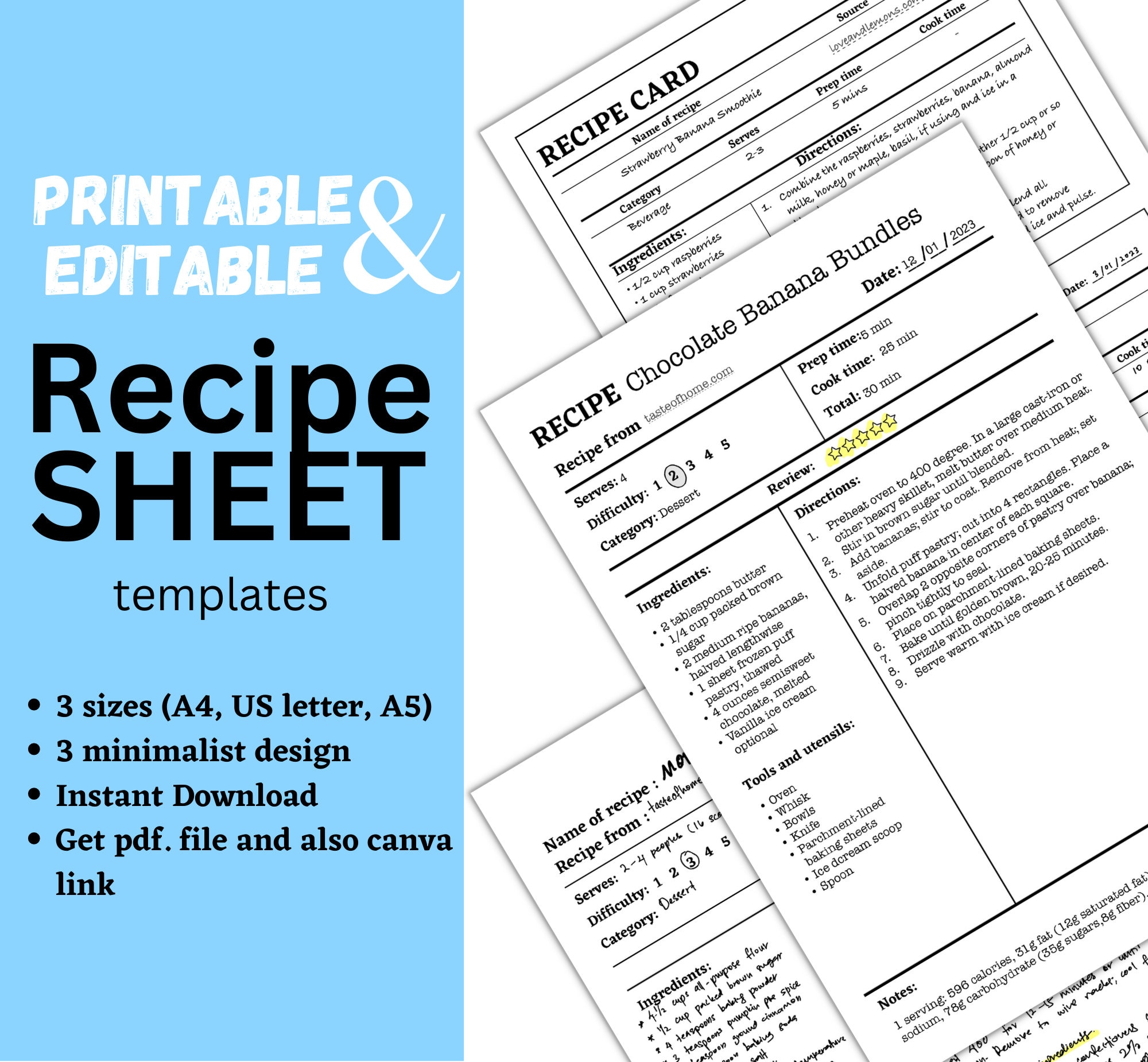PRINTABLE and EDITABLE Recipe Sheet Template, RECIPE Book Template ...