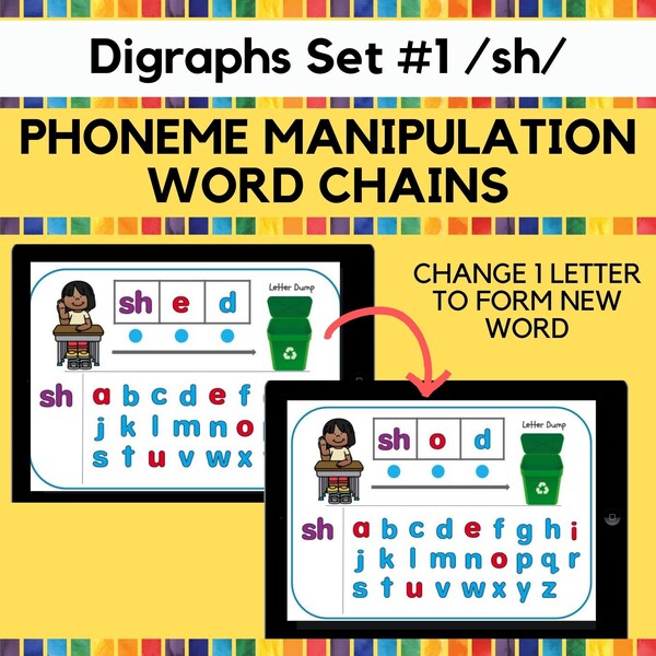 Word Chains | Digraphs #1 /sh/ | Phonics |  Word Work | Centers |  UFLI Inspired | Digital Magnetic Letters | Reading | Boom Cards