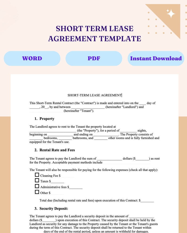 Short Term Rental Agreement/ Contract Template Quick & Easy Instant