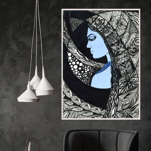 May include: Black and white line art drawing of a woman's face with blue accents. The woman's hair is long and flowing, and she is wearing a necklace. The background is filled with intricate patterns and designs.